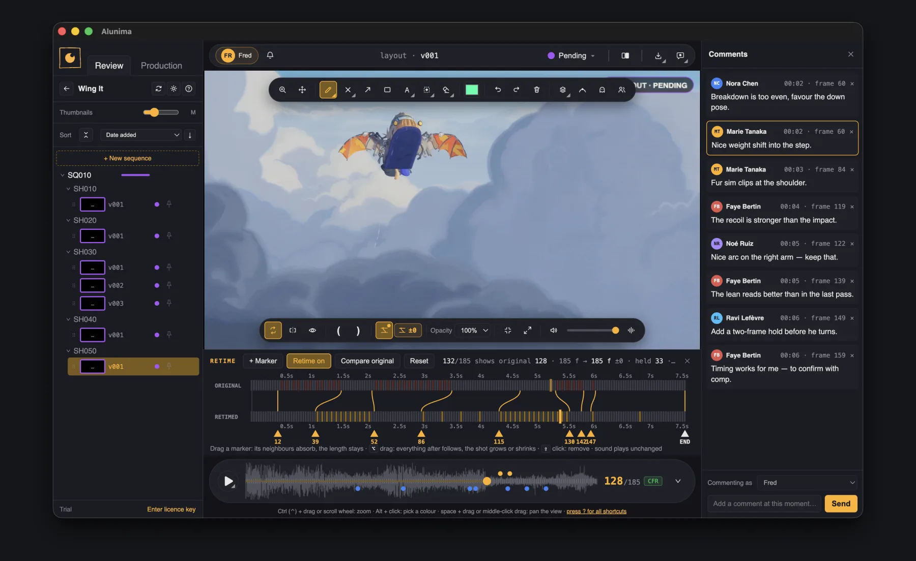 The retime panel: the original timing above, the retimed one below, with draggable markers