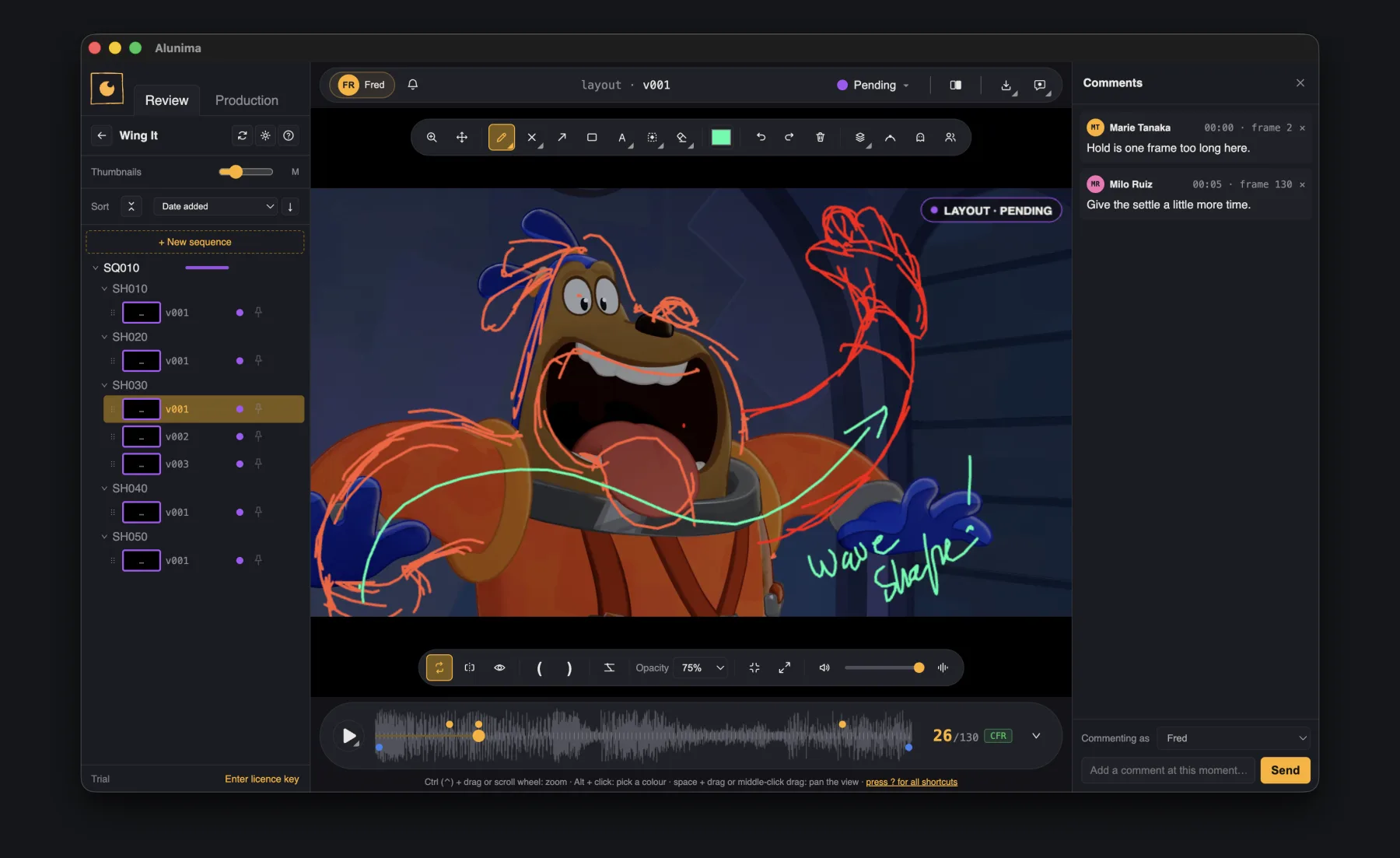 Alunima reviewing a shot: drawings over the image, the shot tree on the left, timed comments on the right