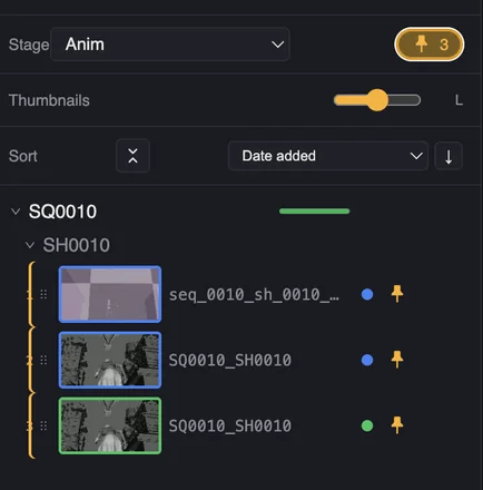 Shot list filtered to the Anim stage, with three shots pinned for review