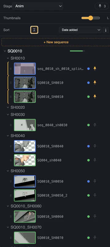 Same shot list filtered to the Anim stage — only Anim versions and pins shown