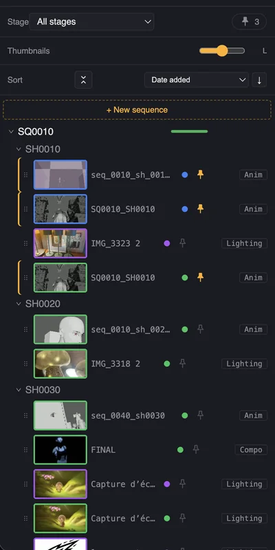 Shot list with per-shot stage tags — Anim, Lighting, Compo — showing several departments tracked at once